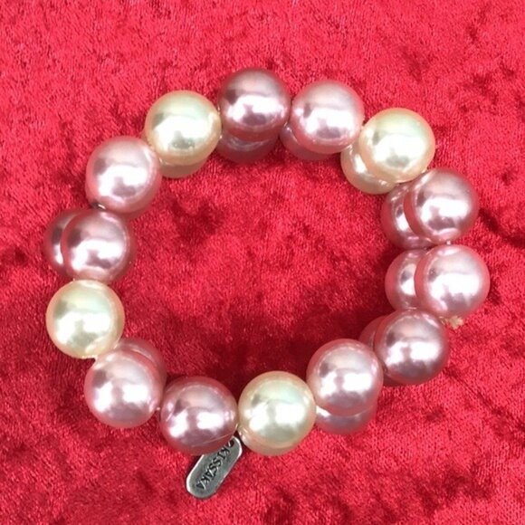 Kissaka Pink & Cream Faux Pearl Elastic Stretch Bracelet With Silver-Tone Tag - Picture 2 of 4